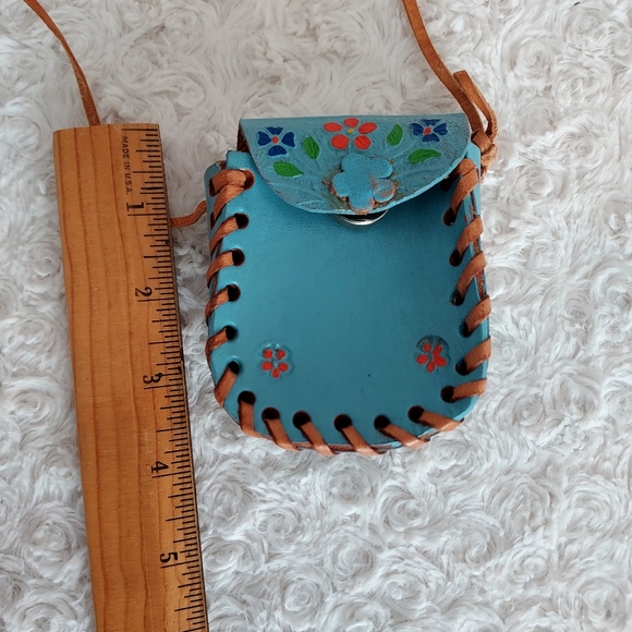Little leather Hand Crafted floral turquiose blue bag pouch - Picture 5 of 5